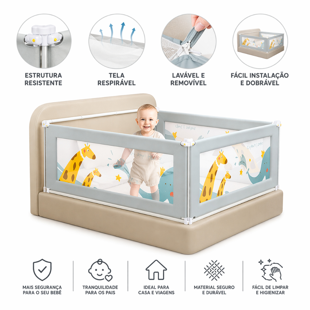 Grade de Proteção para Cama Desmontável Lavável Ajustável Segurança Infantil 1,8m e 2m