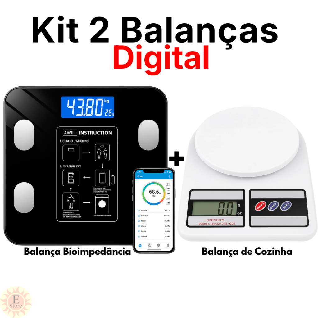 Kit 2 Balanças Digital Alta precisão Vidro temperado Dieta Fitness