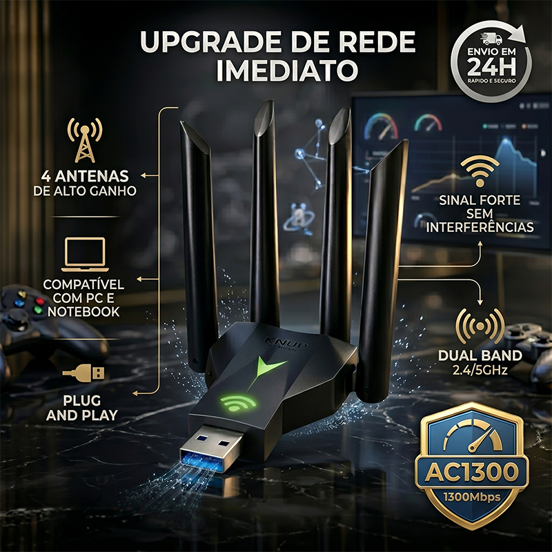 Adaptador Wifi 1300mbps Knup Dual Band 5ghz Pc Gamer 4 Antenas Potente