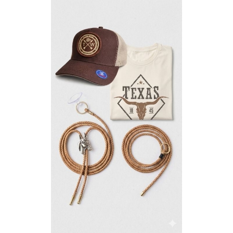 Kit Country Completo Boné + Camiseta Texas + suporte de chapéu+ laço country de carro para retrovisor