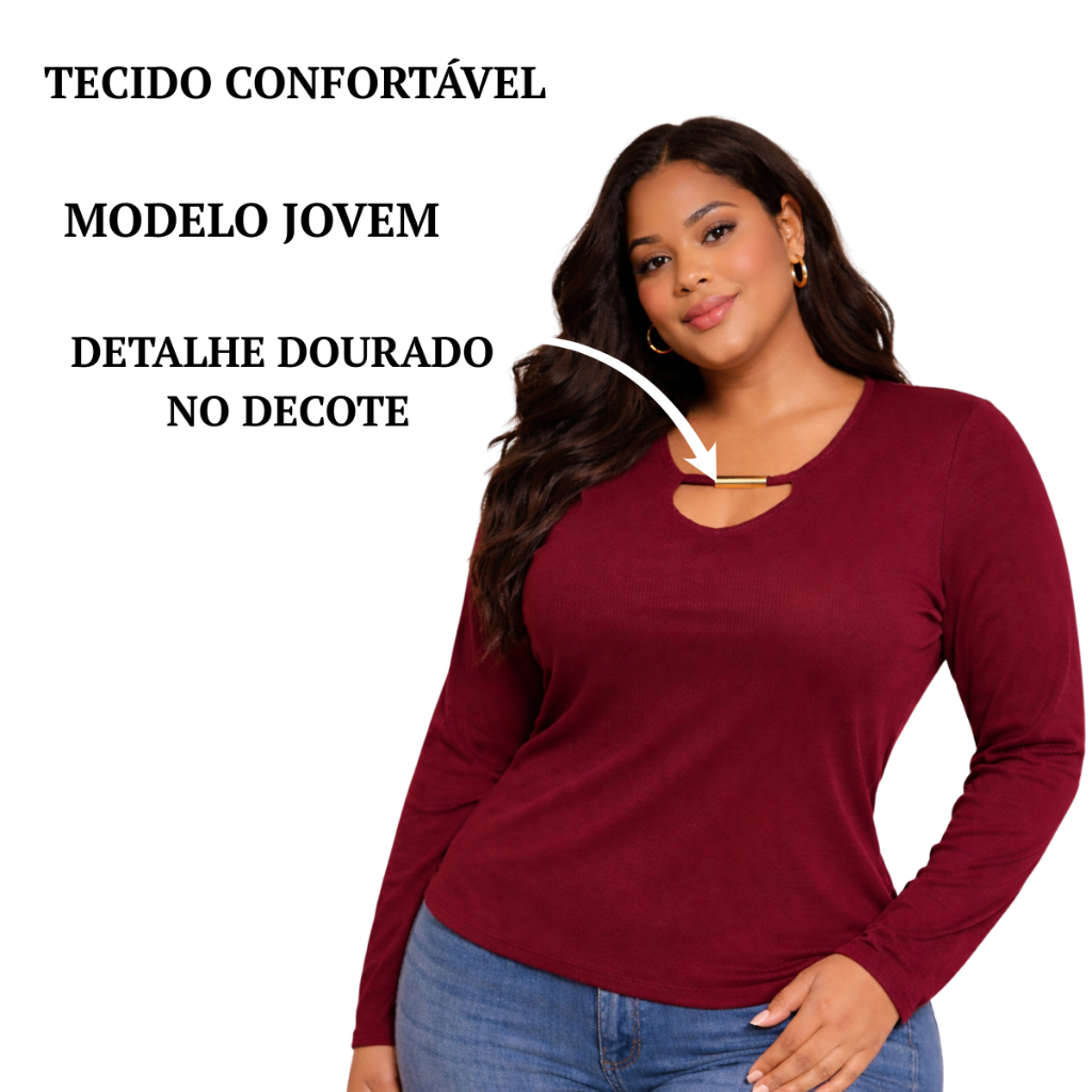 Detalhes do Blusa Manga Longa Plus Size Jovem Tendência Decote V
