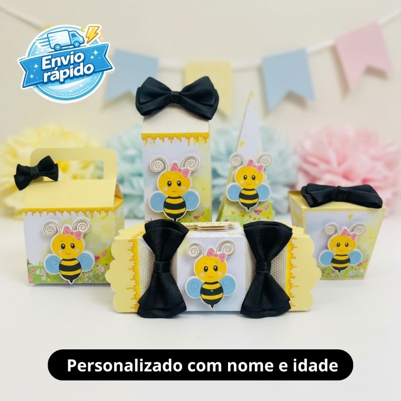 Kit Festa Abelhinha Personalizado Infantil | Pegue e Monte | Lembrancinhas + Caixinhas | Nome e Idade