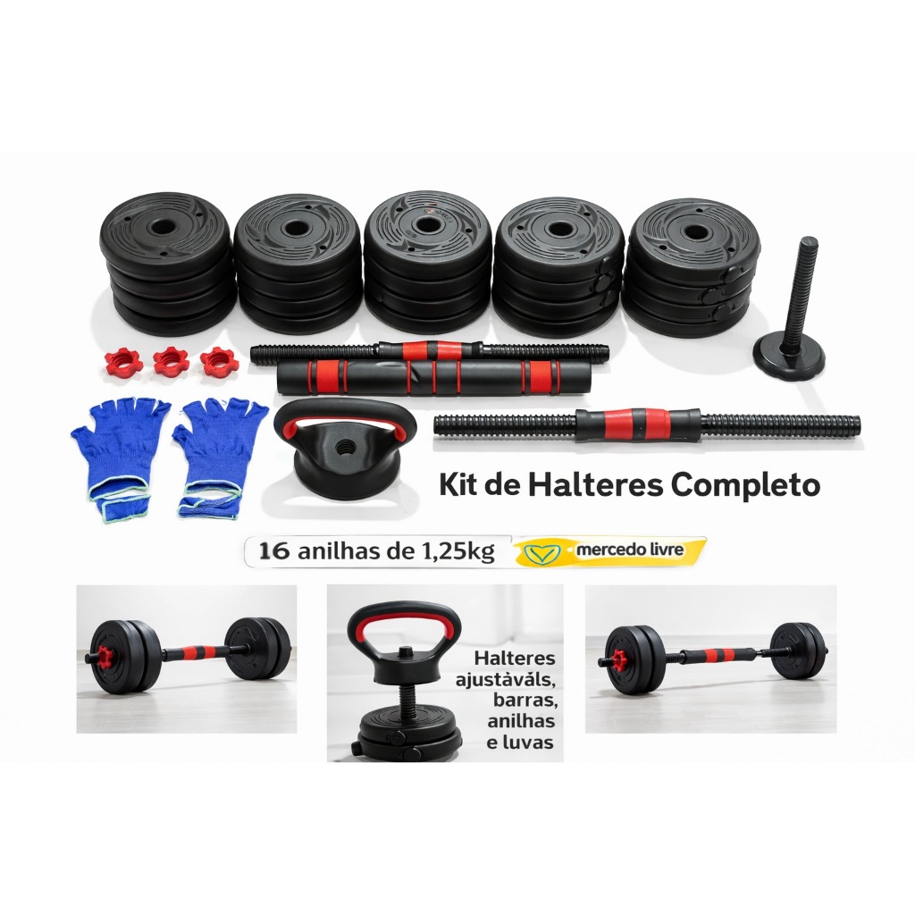 Kit Halteres E Anilhas Kettlebell Ajustáveis Academia 20 kg Barra De Peso