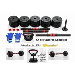 Kit Halteres E Anilhas Kettlebell Ajustáveis Academia 20 kg Barra De Peso