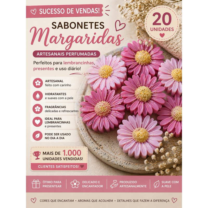 20 Sabonetes Artesanais Margaridas Perfumadas | Lembrancinhas Delicadas para Presente