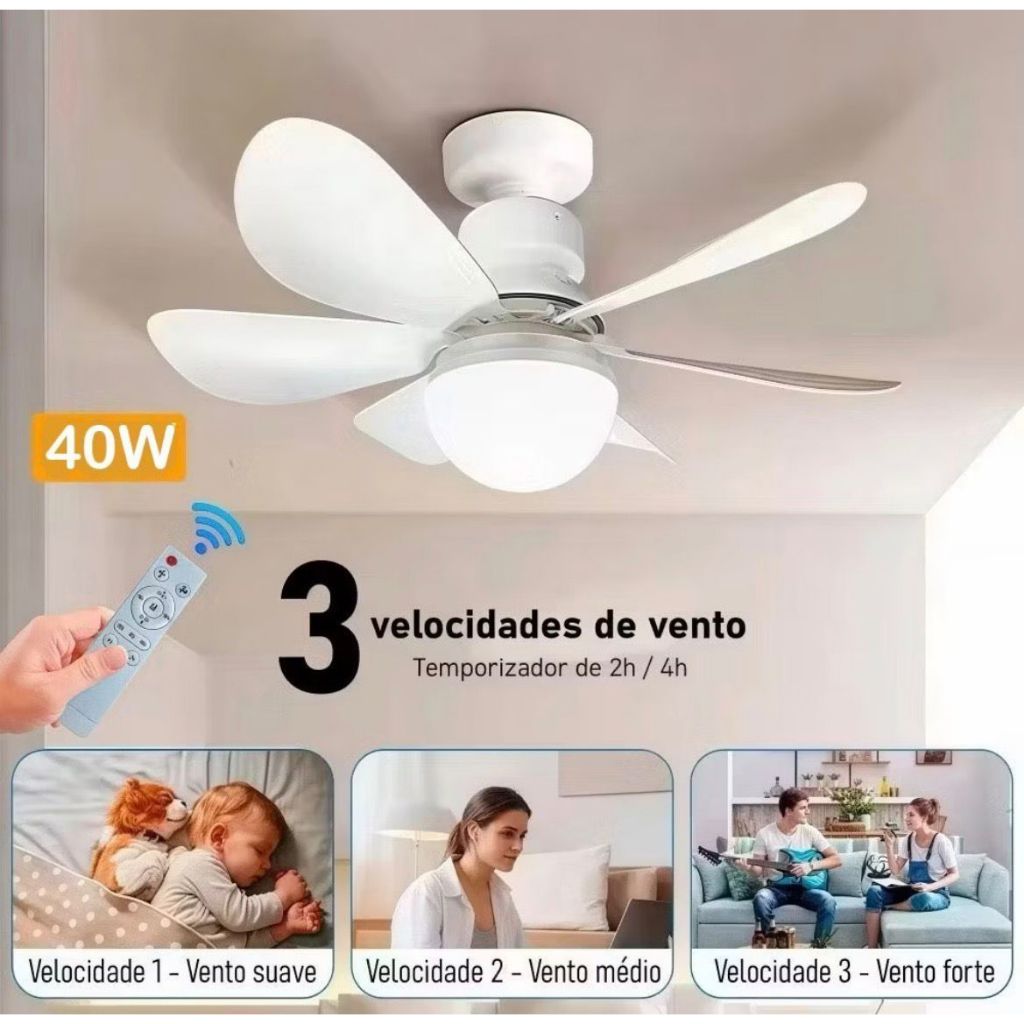 Lâmpada Ventilador de Teto Lâmpada E27 Controle Remoto Luminária 6 Hélices Bivolt 60w