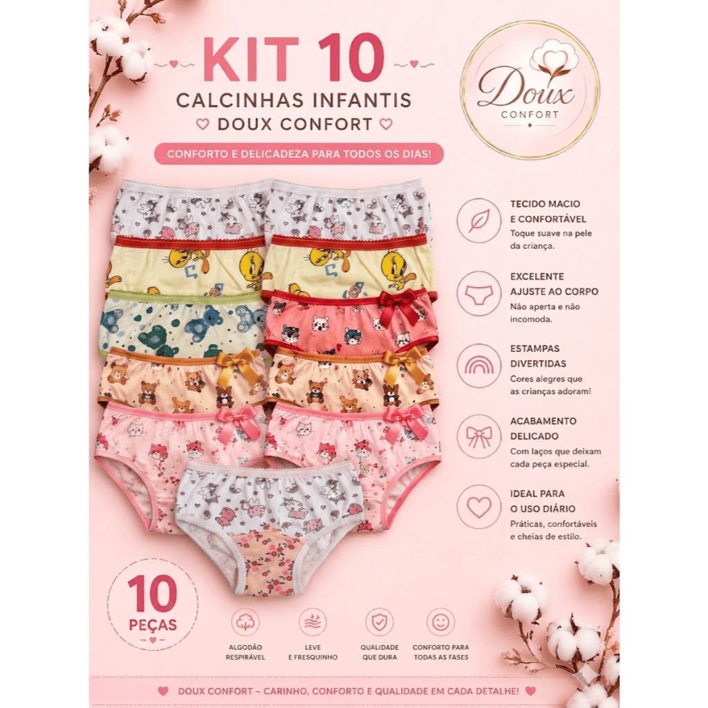 Kit 10 Calcinhas Infantil Menina Algodão Estampada Sortidos Confortável e Leve - Doux Confort
