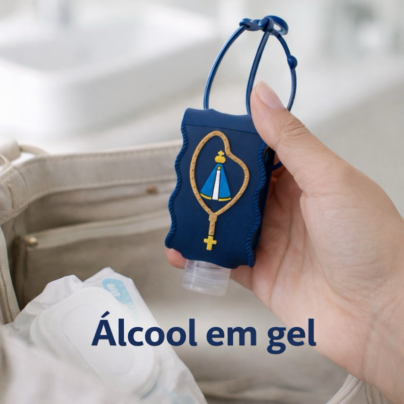 Álcool em Gel com Capa Nossa Senhora Aparecida 8cm | Porta Álcool Portátil para Bolsa | Higiene e Proteção no Dia a Dia