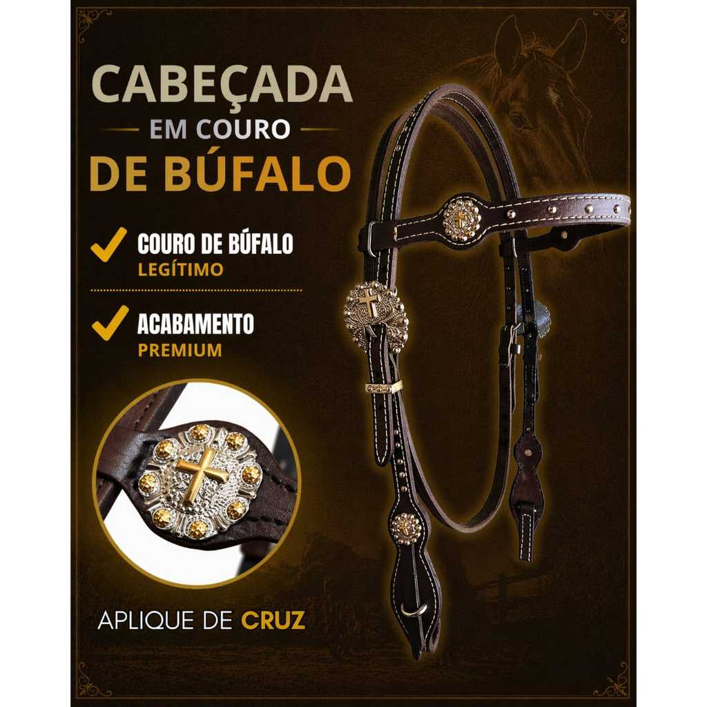 Cabeçada Em Couro De Búfalo Com Aplique De Cruz Para Equinos E Muares Qualidade Resistencia Estilo