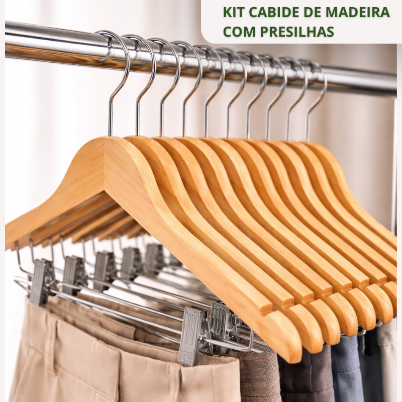 Kit Cabide De Madeira Com Presilhas Premium Para Roupas