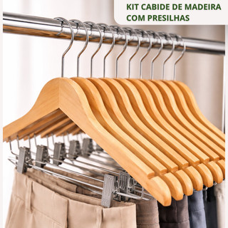 Kit Cabide De Madeira Com Presilhas Premium Para Roupas