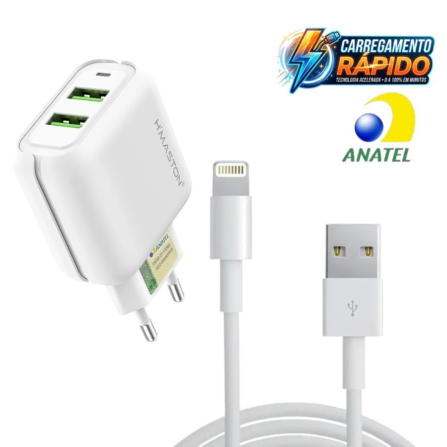 Carregador iPhone 2 Portas USB Rápido Com Cabo 1 Metro Compatível Com Celular IOS H'MASTON LR-17-2