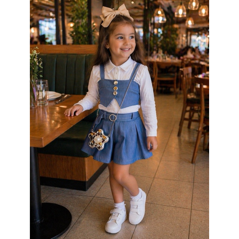 trio conjunto inverno menina jeans blusa branca colete e saia short infantil juvenil criança