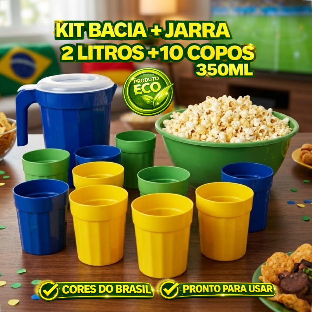 Kit Copa Do Mundo 10 Copos 350ML + Jarra 2L + Bacia Pipoca Cores Seleção Brasileira Combo Torcedor
