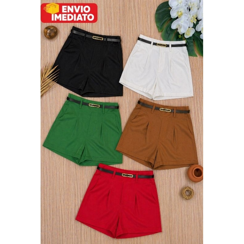 Short Alfaiataria Feminino Cintura Alta Premium com Cinto Fino Fivela Dourada Elegante Social Moda Blogueira moda do ano