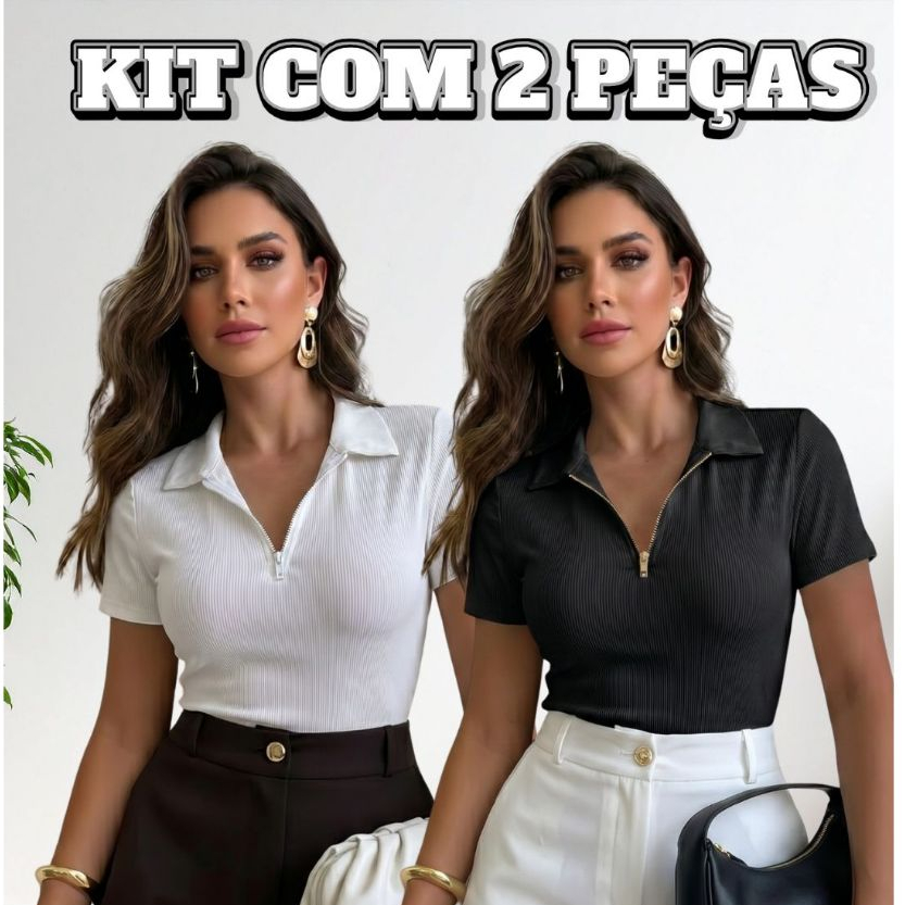 Kit 2 Blusas Feminina Gola Polo Com Zíper Ribana Canelada Premium Elegante Casual Estilosa