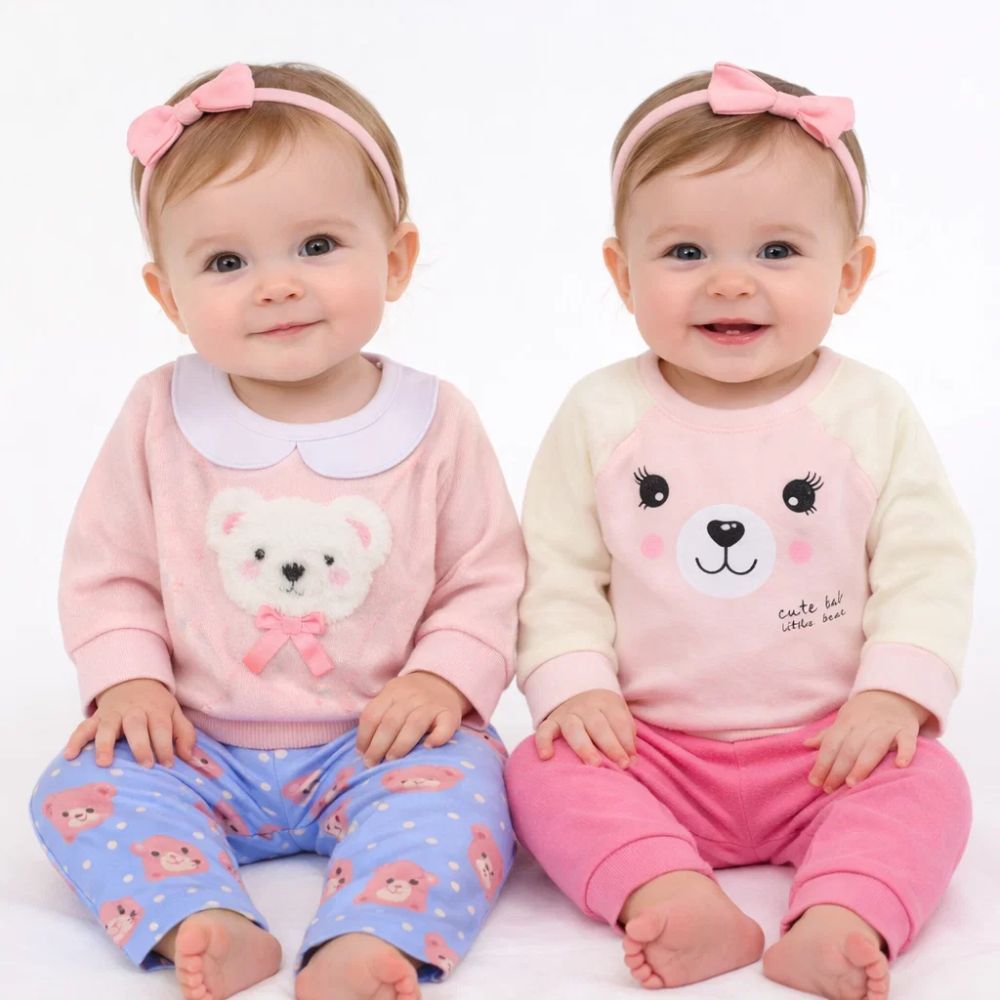 Kit 4 Peças Roupas Inverno Bebê Menina P e M – 2 Casacos + 2 Calças Moletom Infantil - ESTAMPAS SORTIDAS