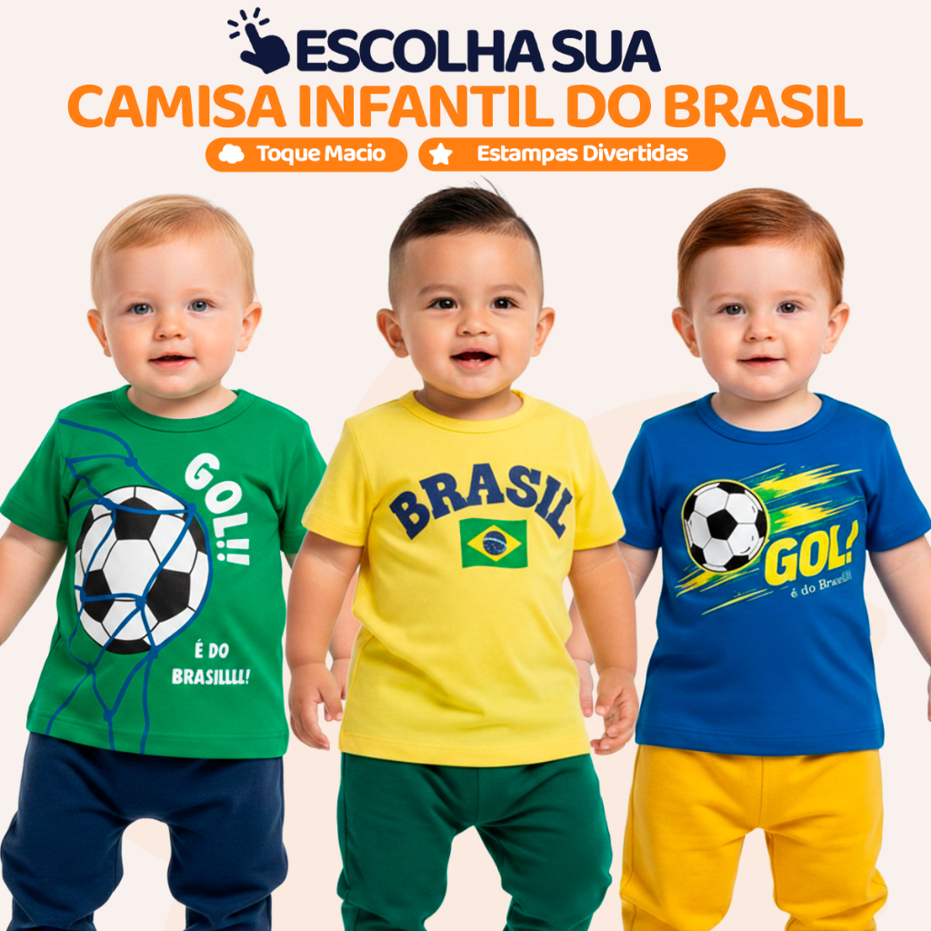 Camiseta Bebê Brasil Copa do Mundo 2026 Roupa Infantil Seleção Brasileira Confortável Algodão Amarelo, Azul, Verde. L12