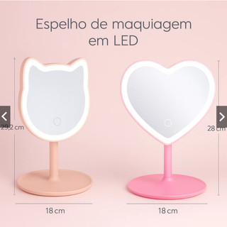 Espelho de Mesa Coração ou Gatinho Maquiagem 29/33 Leds Touch Articulado USB