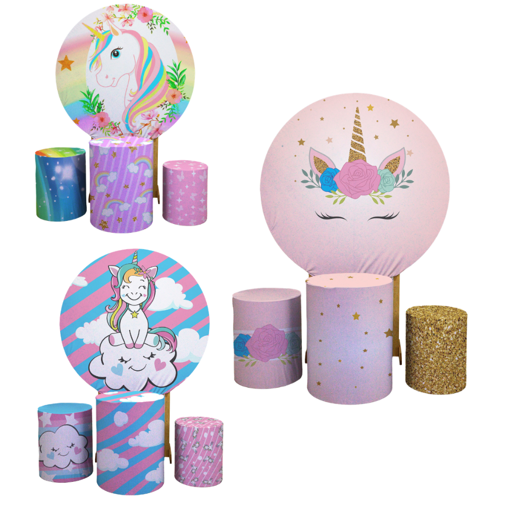 Kit Capa Festa Menina Painel Circular E Capa Conjunto Cilindro Ideia Unicornio Magico