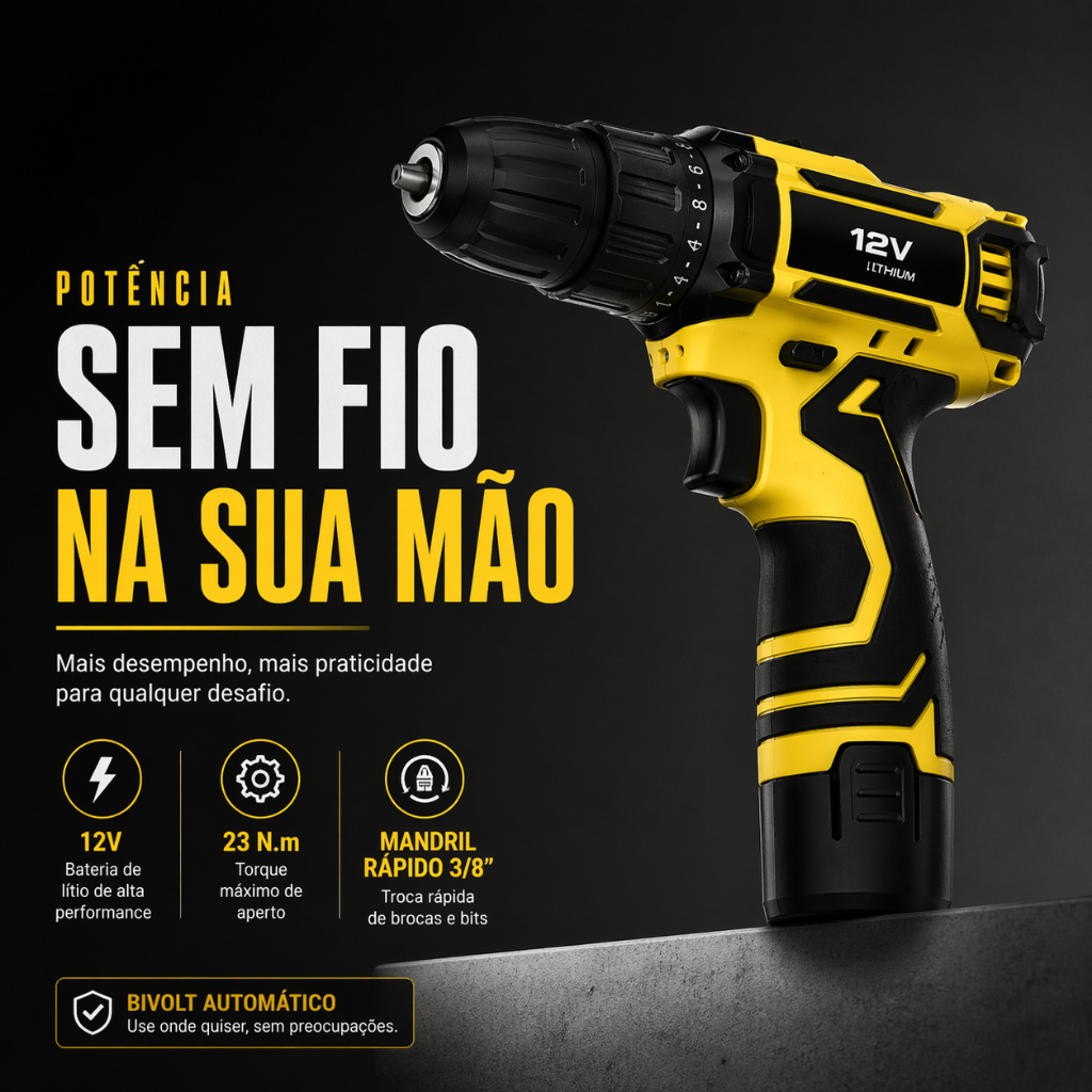 Parafusadeira Furadeira 12V Sem Fio Bateria Lítio Bivolt Com Kit 24 Peças Mandril 3/8
