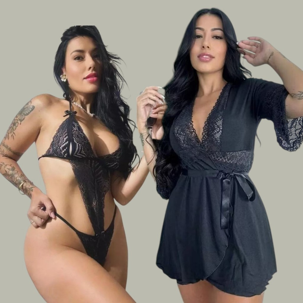 Kit Robe + Body Rendado Conjunto de Lingerie Sensual Lingerie Noite de Núpcias