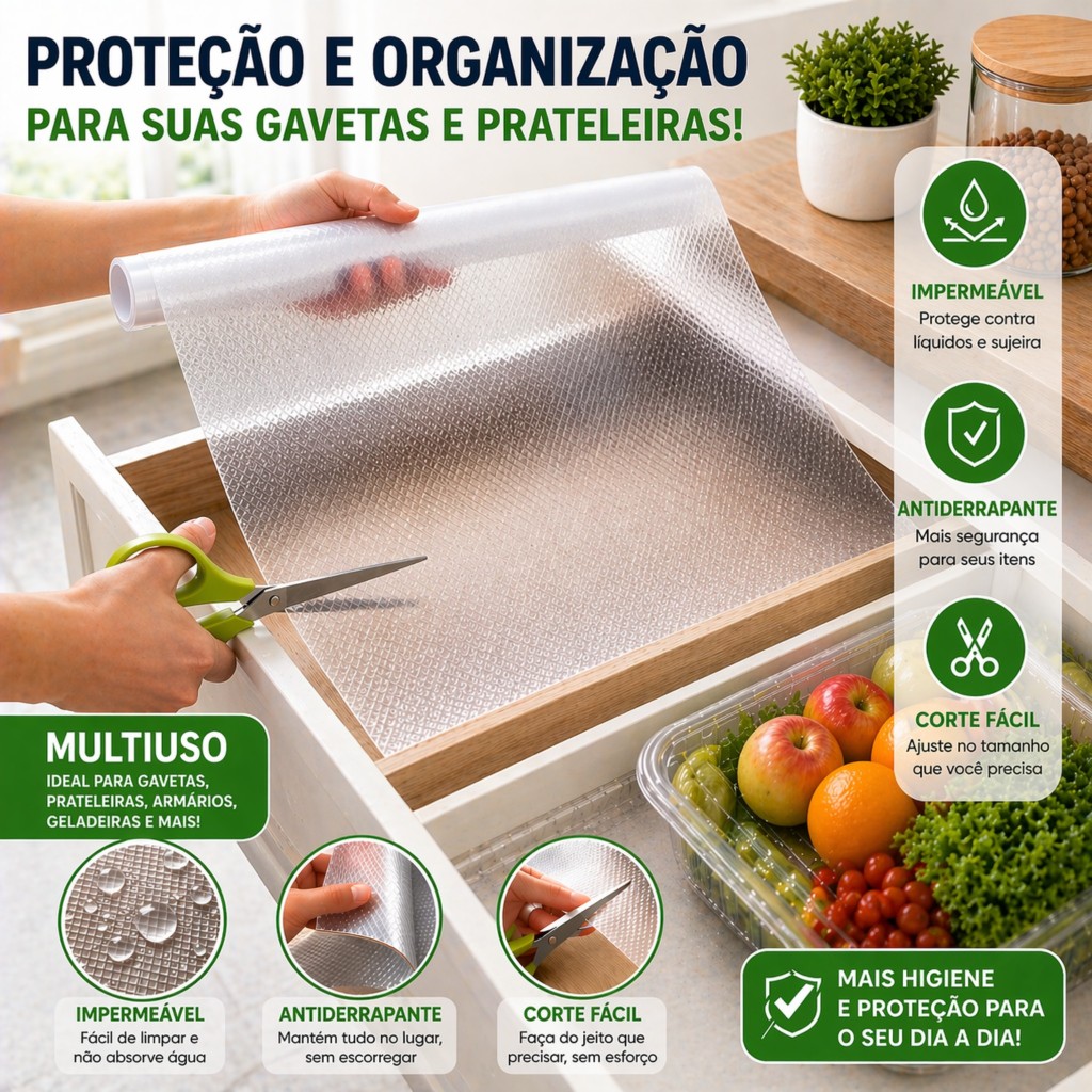 Forro Antiderrapante Impermeável Transparente/Multiuso para Armário, Gaveta e Geladeira | Resistente e Ecológico
