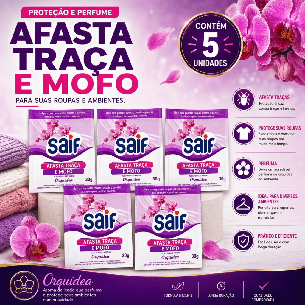 Afasta Traça e Mofo Perfumado Orquídea  30G Saif - Antimofo e Antitraça Perfumado Para Roupeiros