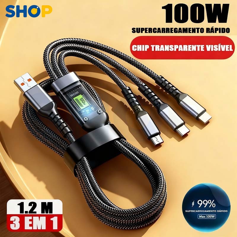 Cabo de Dados Celular 3 em 1 Carregamento Ultra Rápido 100W Resistente IOS V8 Tipo C 1.2 Metros A1