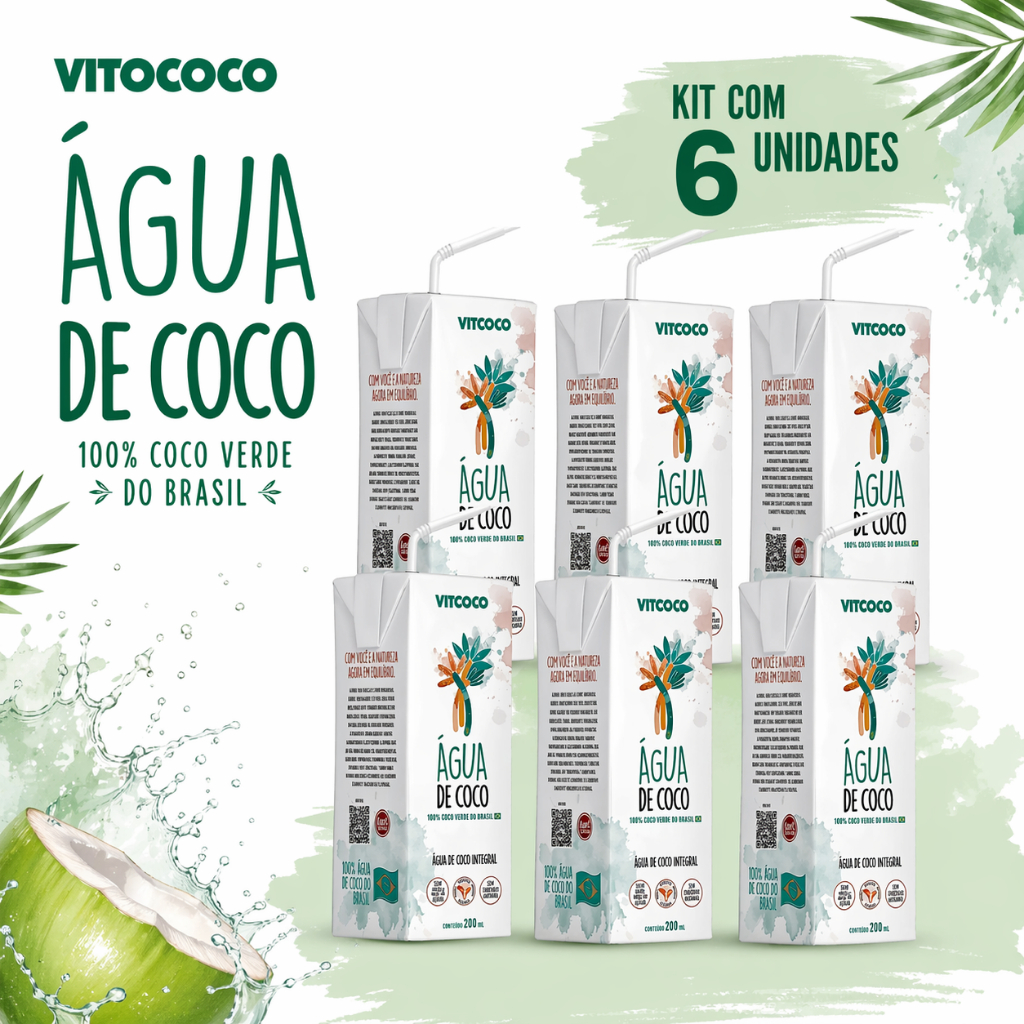 Kit 6 Água De Coco Vitcoco 200ml Integral 100% Água De Coco
