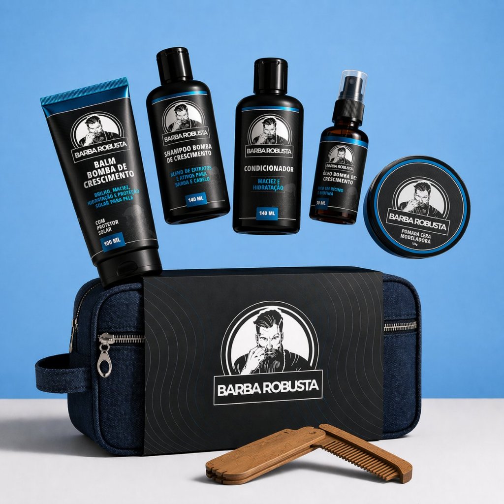 Kit para a Barba Shampoo, Condicionador, Balm, Óleo, Pente e Necessaire