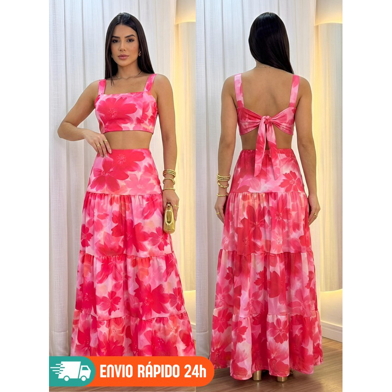 Conjunto Feminino Cropped Ajustável e Saia Longa Cintura Alta Suede Premium Estampado Tropical Chic