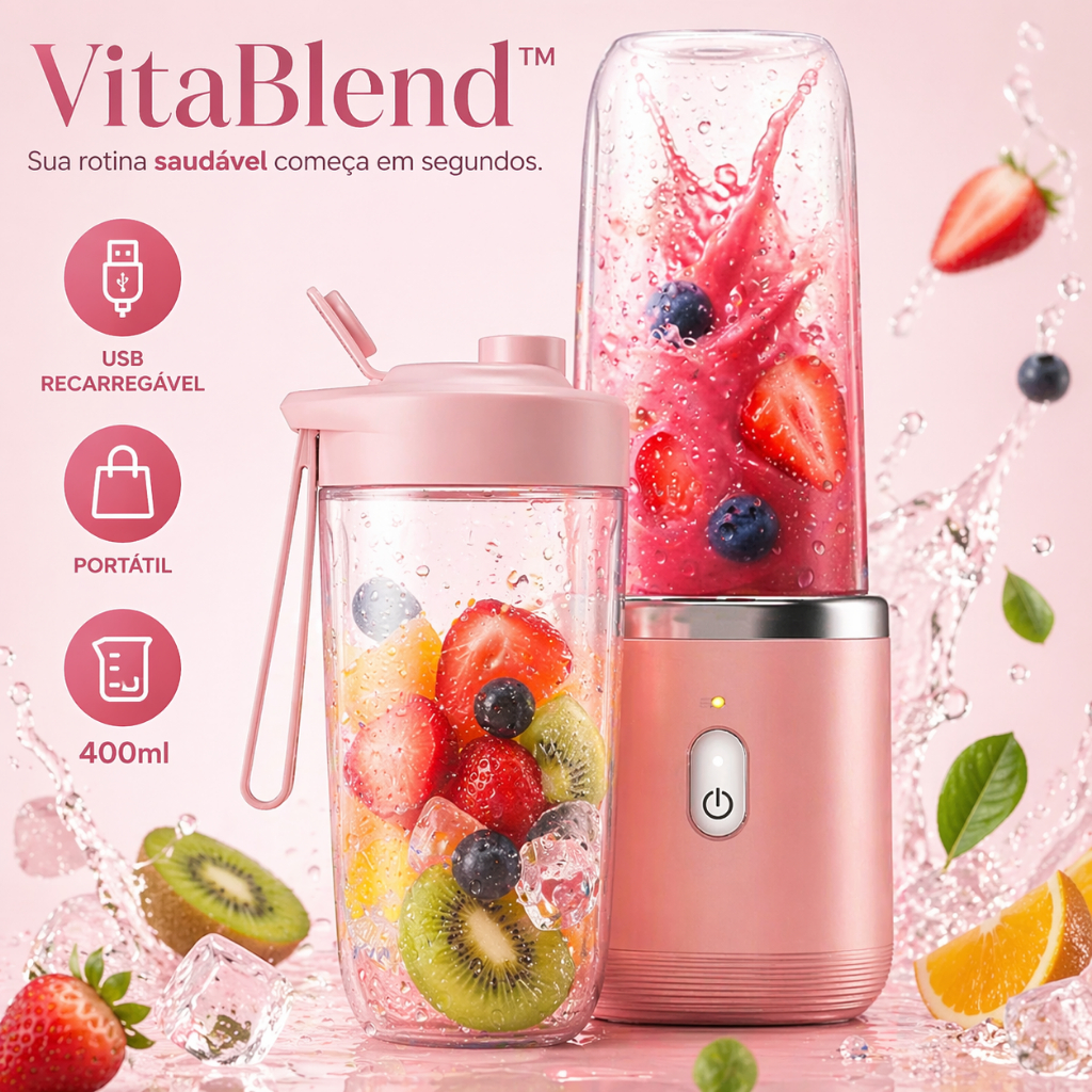 Liquidificador Portátil USB VitaBlend™ 400ml Mini Mixer Recarregável para Suco Shake Smoothie Rosa  Porque ele possui:
