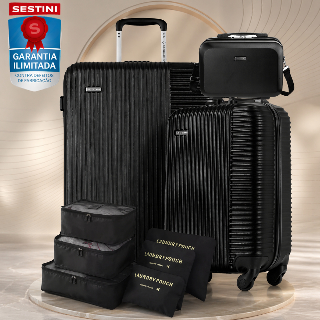 Kit PM Mala de Viagem 10kg + Mala 23KG, Frasqueira Grande e Necessaire Feminino, SESTINI Original