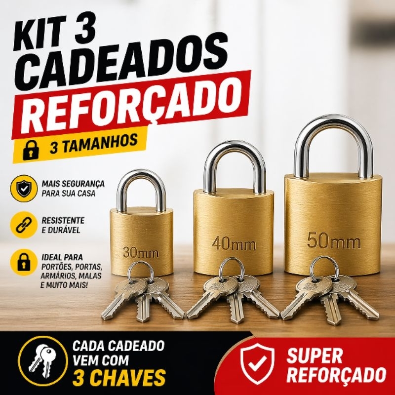 Kit 3 Cadeados Reforçado 30mm 40mm 50mm Com 3 Chaves Segurança Portão Casa