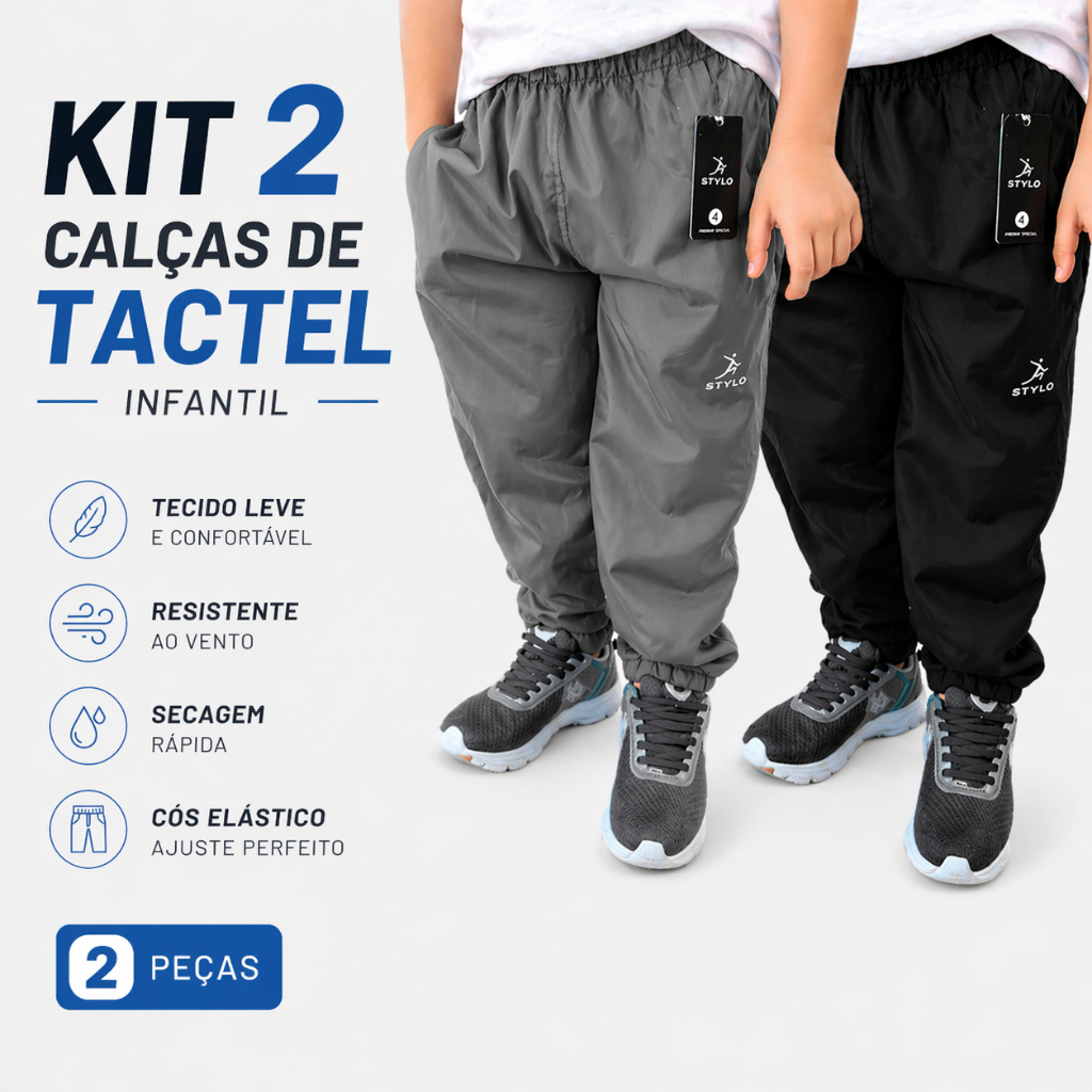 Kit 2 Calças Infantil de Tactel - Sem Forro - 2, 4, 6, 8 e 10 - Preto, Cinza e Azul