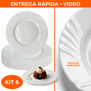 Jogo kit 06 Pratos sobremesa vidro trabalhado opaline branco white 19cm importado almoço jantar