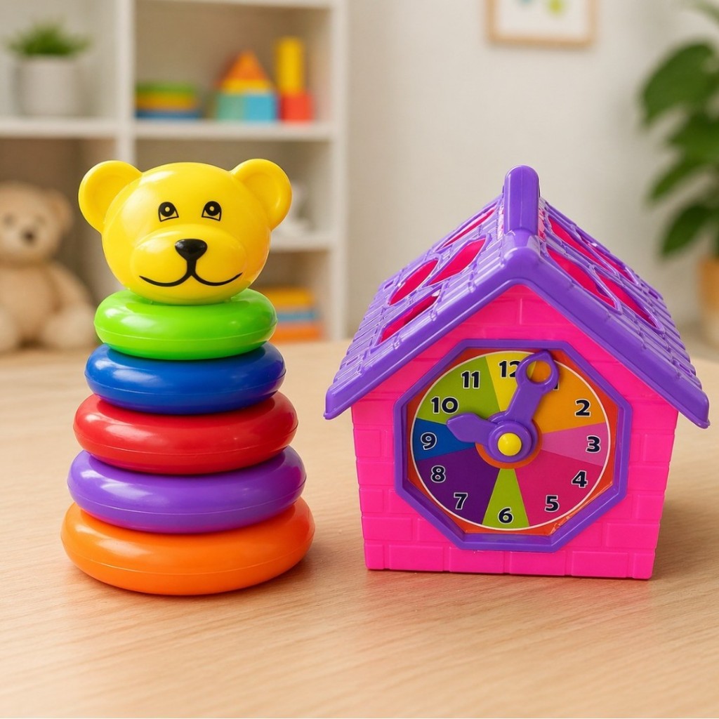 Kit Brinquedo Infantil Atividade Educativa Casinha Didática + Torre Ursinho Empilhar Colorida Bebê