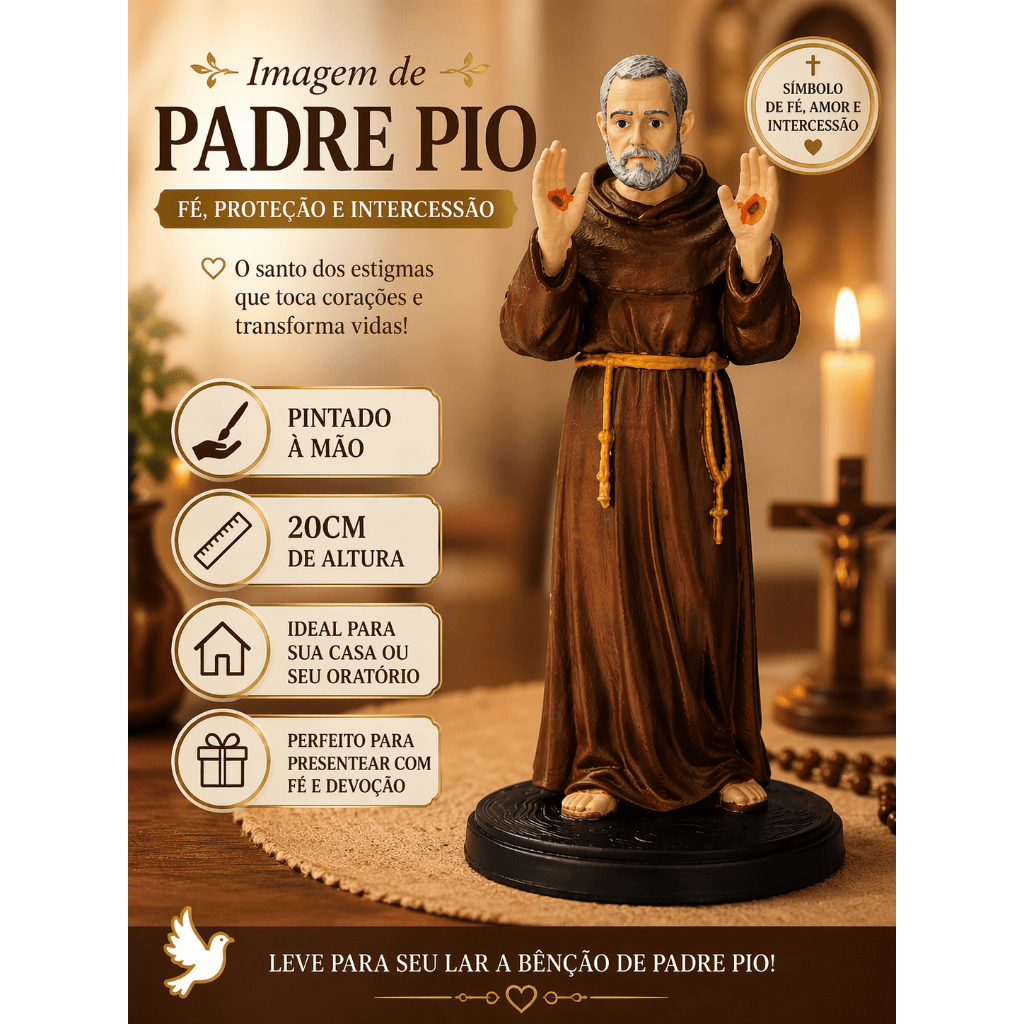 Padre Pio 20cm Pintado à Mão – Imagem Religiosa de Fé, Cura e Proteção | Ideal para Presente