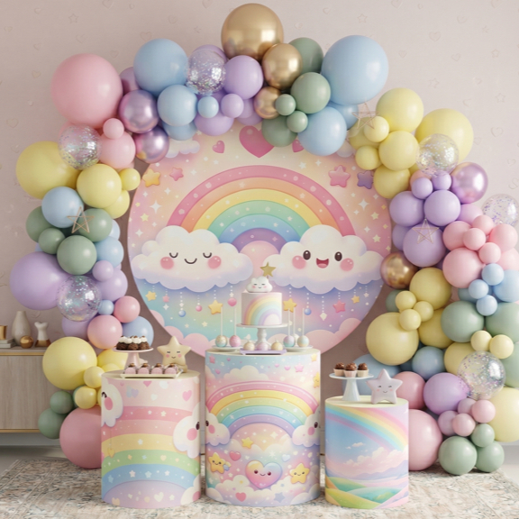 Kit Capas Painel Redondo + Cilindros Decoração Tema Chuva De Amor Festa Infantil Arco Iris Nuvem Cute