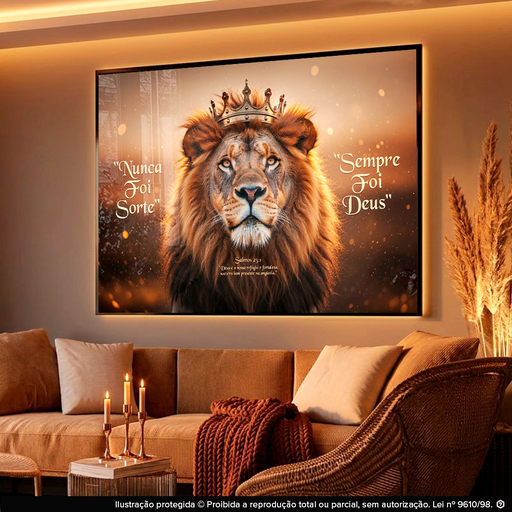 Quadro Leão de Judá Nunca Foi Sorte Sempre Foi Deus Decorativo Religioso Cristão Fé Parede Sala Quarto Grande