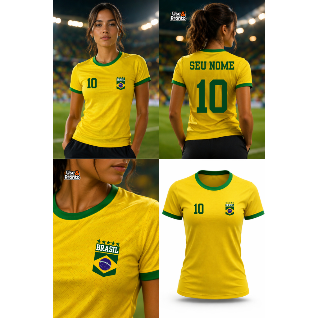 Camisa Brasil Dry Fit Personalizada Nome e Número Amarela Futebol Unissex Copa Feminina