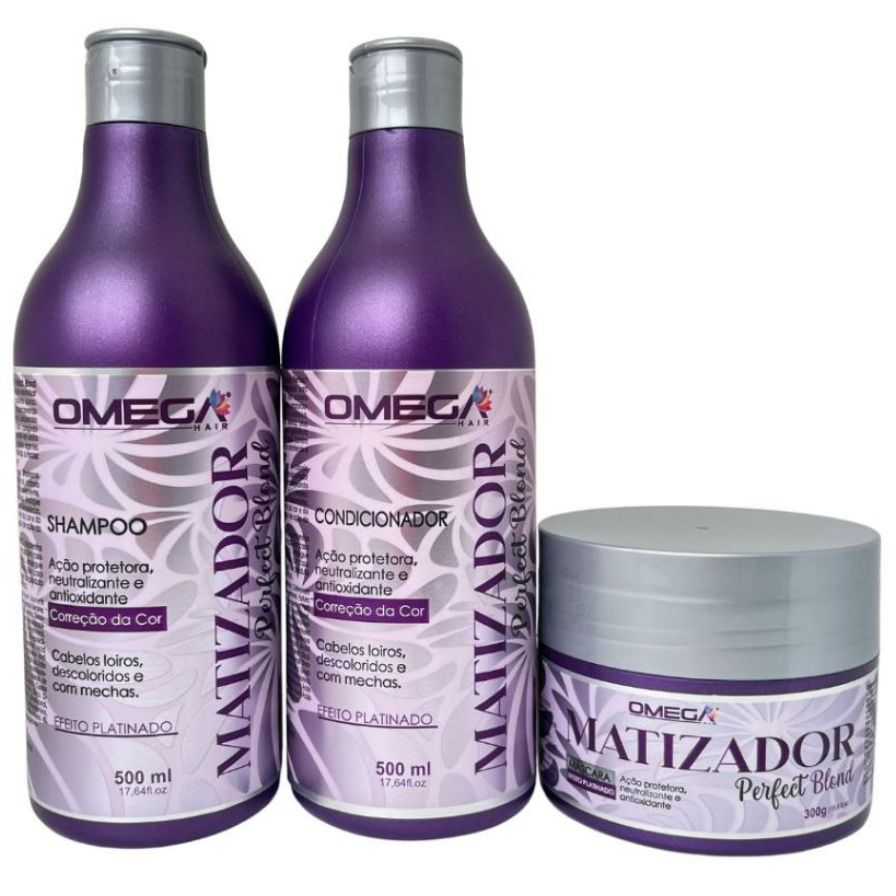 Kit Matizador Perfect Blond Shampoo Condicionador 500ml e Hidratação 300g AÇÃO 1 Minuto Omega Hair