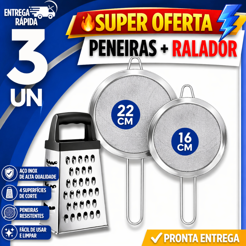 JOGO 3 PEÇAS RALADOR + 2 PENEIRAS INOX 22CM 16CM COZINHA UTILIDADES PREMIUM DURÁVEL PRATICIDADE