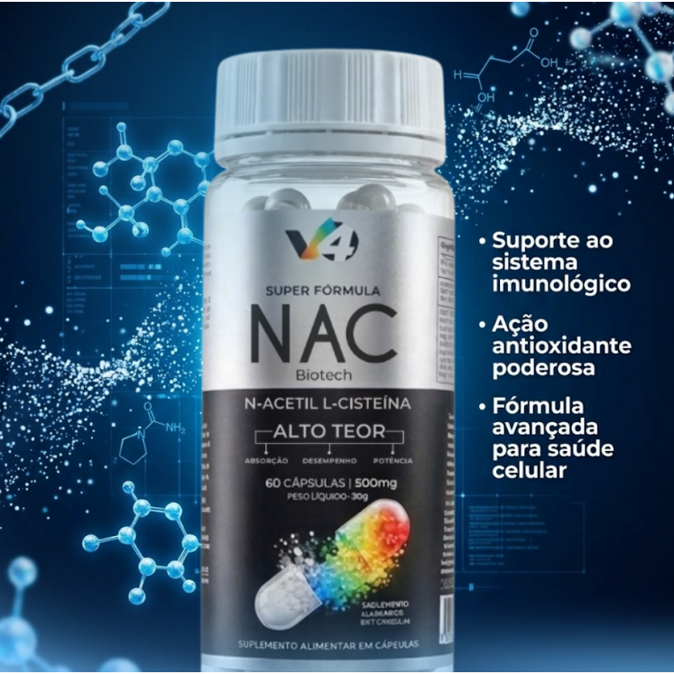 NAC Biotech N-Acetil L-Cisteína 60 Cápsulas 500mg V4  Antioxidante, Detox, Imunidade e Saúde