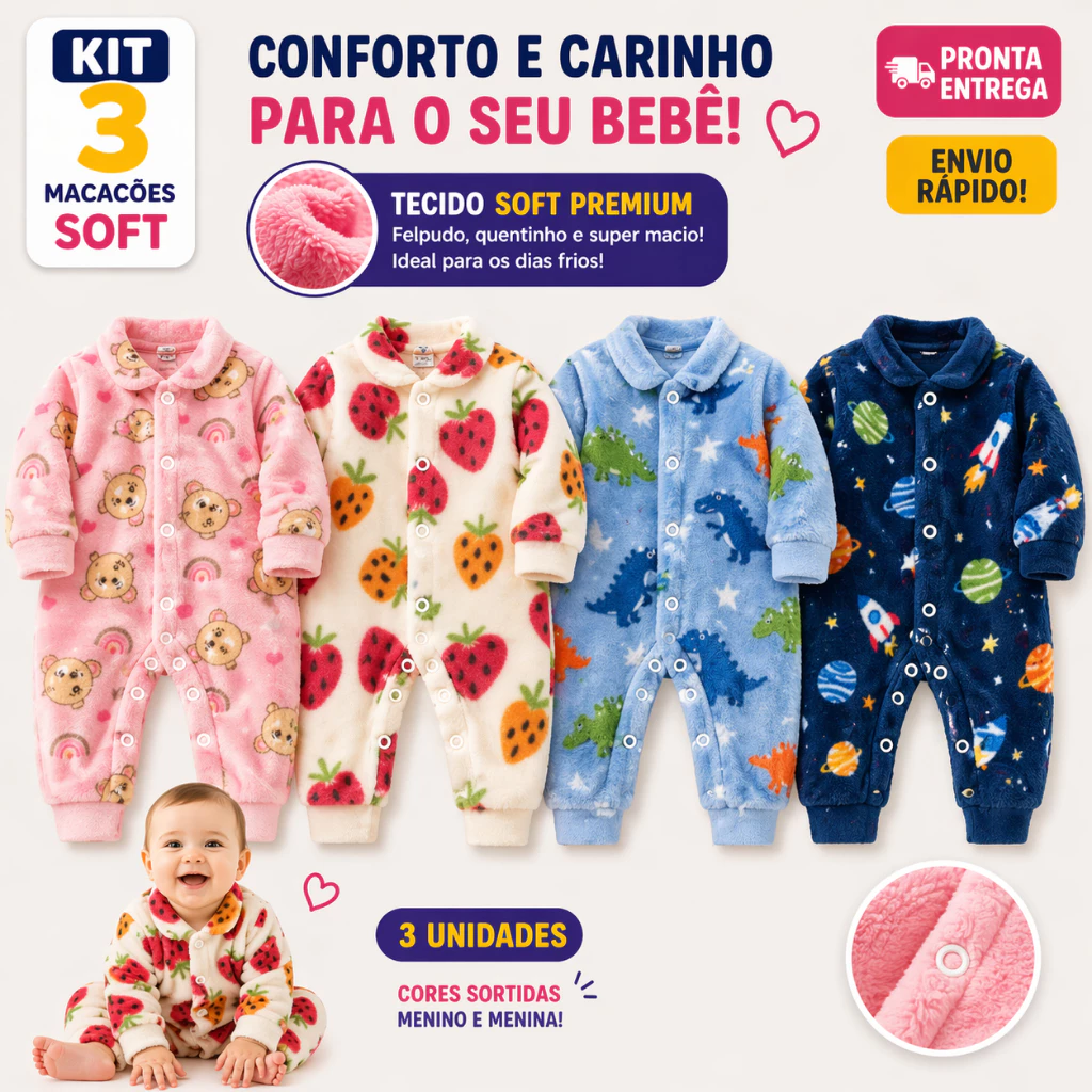 Kit 3 Macacão Soft De Bebê Com Botões Enxoval Infantil — imagem 1