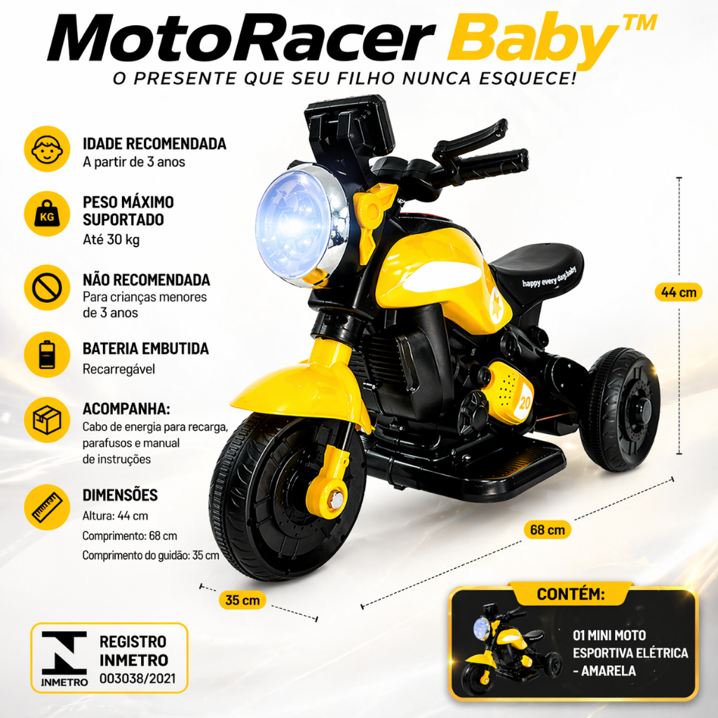 Mini Moto Elétrica Infantil Amarela Alta Performance Veículo Motorizado Criança Bateria VeIculo