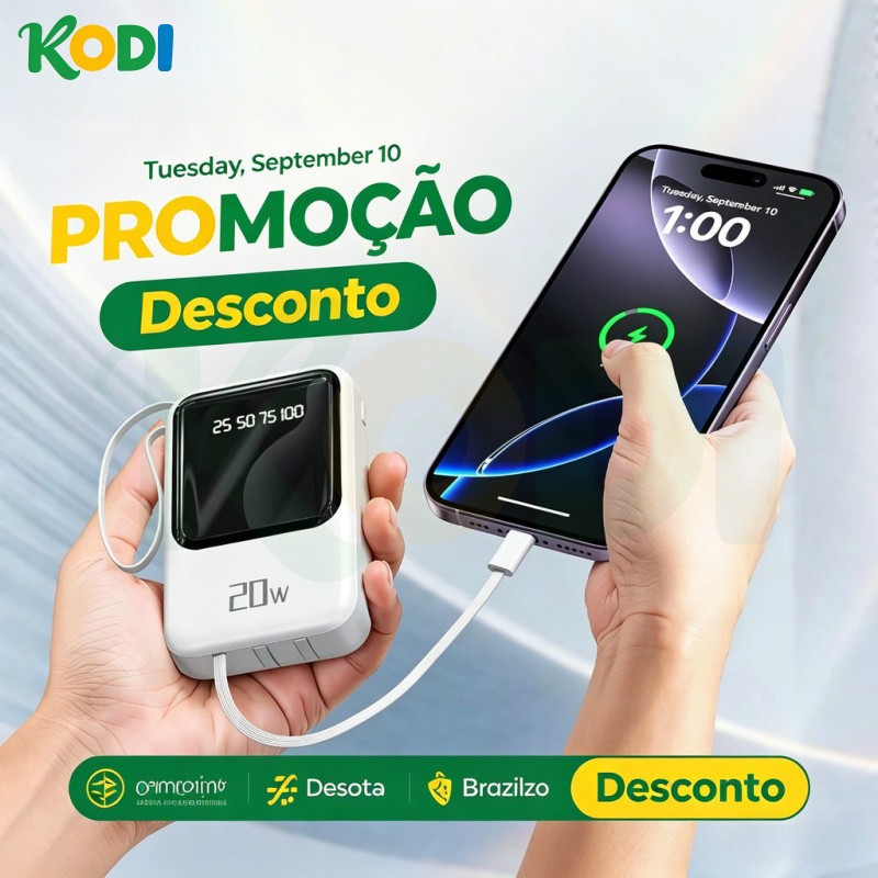 Power Bank 10000mAh Sem Fio Magsafe para iPhone/Android, 4 Cabos Integrados, Tela LCD e Carregamento Rápido A6/A7