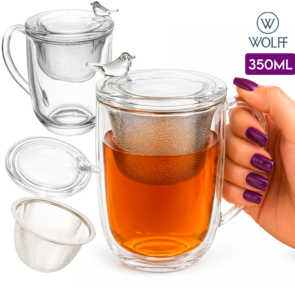 Caneca de Vidro com Tampa e Filtro Bird Transparente 350ml Cristal Chá Com Filtro Infusor Wolff