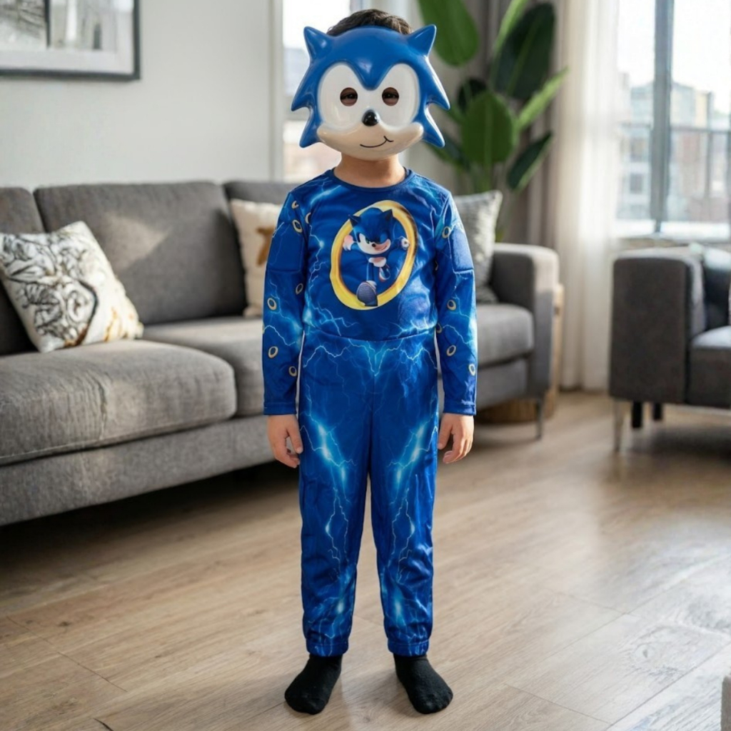 Roupa Fantasia Infantil Longa Sonic Filme com Máscara de Plástico